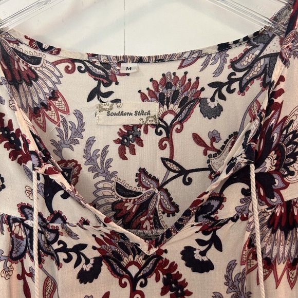 Southern Stitch Size Medium Peasant Print Tunic Blouse Burgundy Floral Boho - Picture 3 of 9